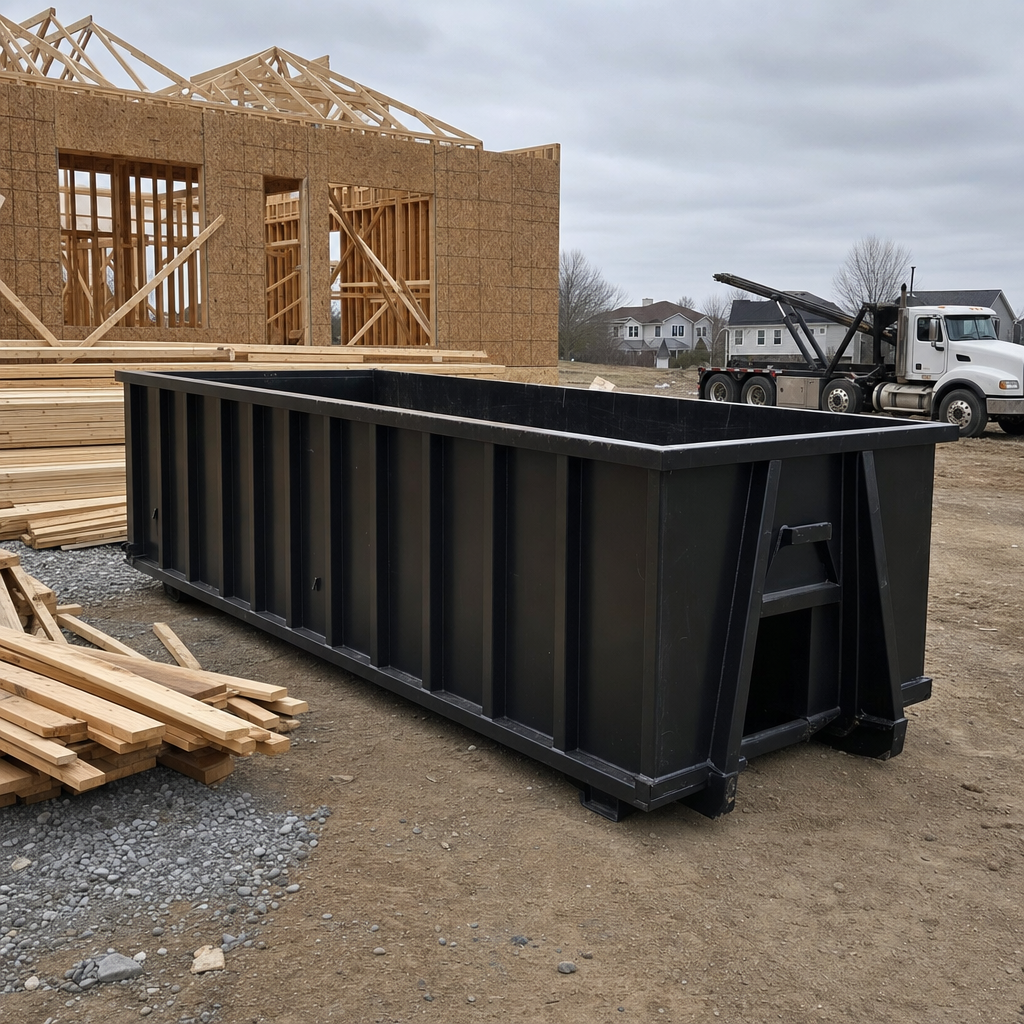 Matte-black 40-yard roll-off dumpster staged on a framed-out residential construction site in Santa Clarita, framing lumber stacked nearby, hooklift delivery truck visible in the background under bright Colorado daylight