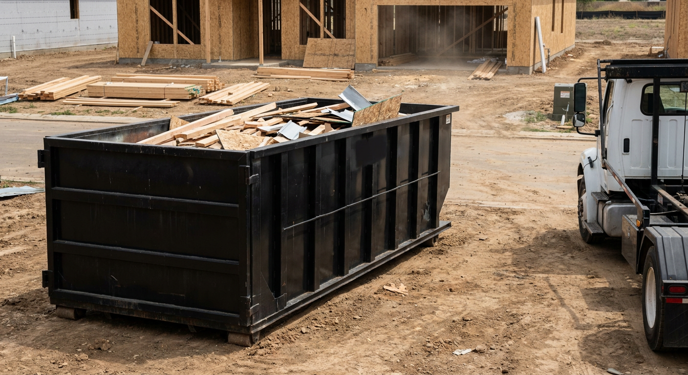 Matte-black 20-yard roll-off construction dumpster with heavy ribbed steel sidewalls and swing rear doors at a working jobsite in Santa Clarita, sitting directly on compacted dirt with an unmarked white hauler partially visible at the far edge of the frame.