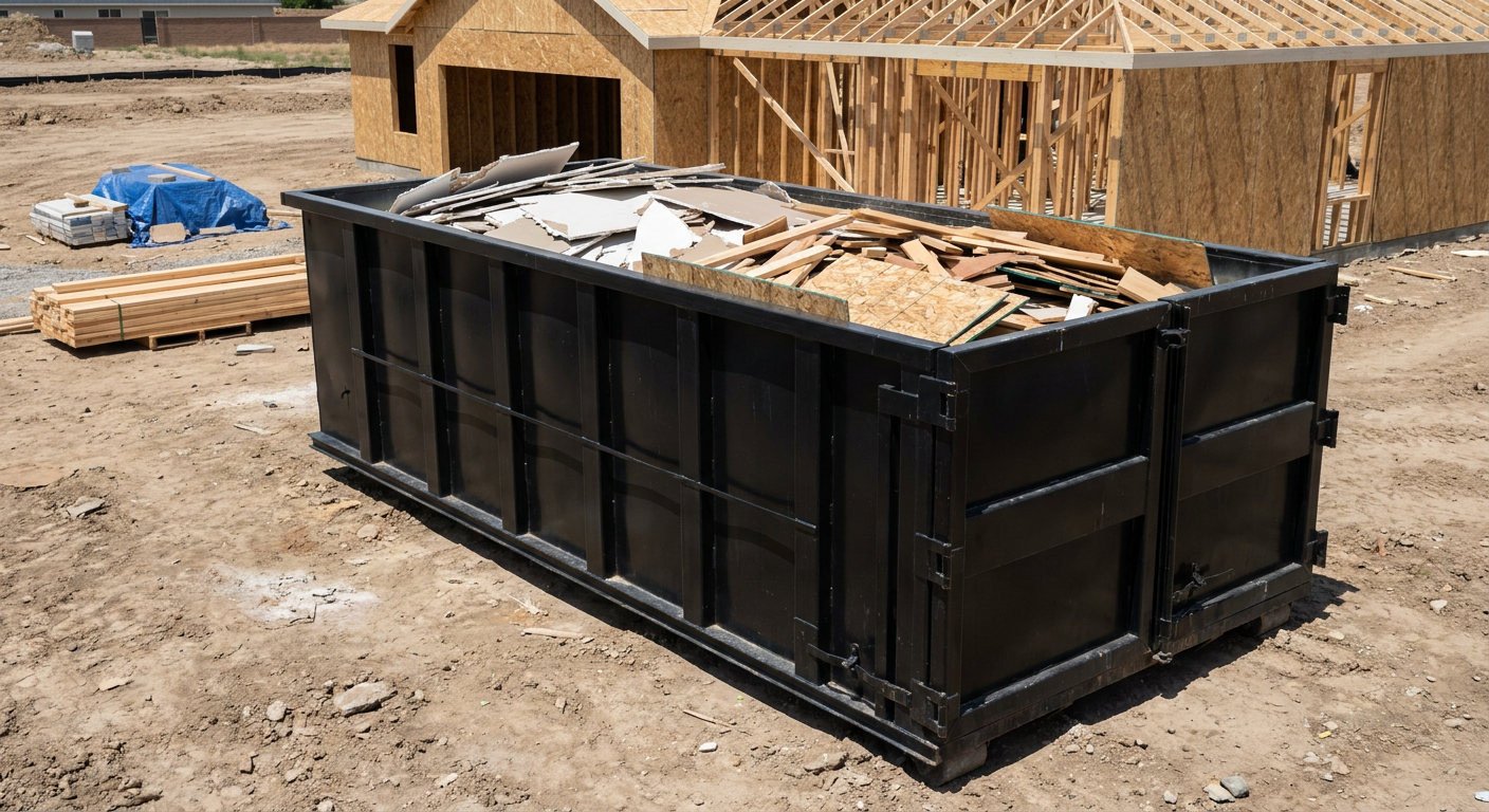 Matte-black 30-yard roll-off construction dumpster sitting directly on the compacted-dirt site of a framed single-family home build in Santa Clarita, drywall and lumber scrap loaded inside.