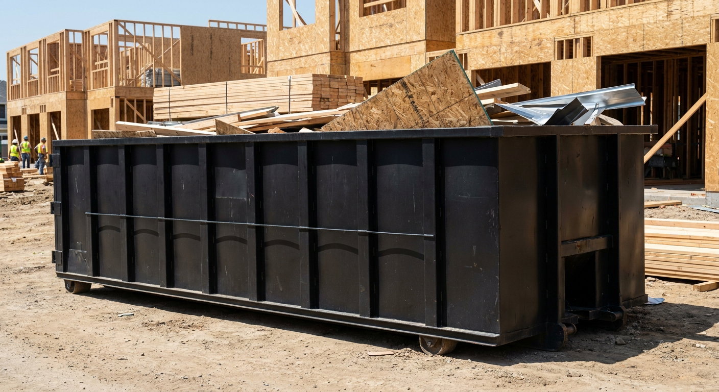 Matte-black 40-yard roll-off construction dumpster being lowered from a white-cab hooklift delivery truck onto the compacted-dirt jobsite at a commercial build site in Santa Clarita