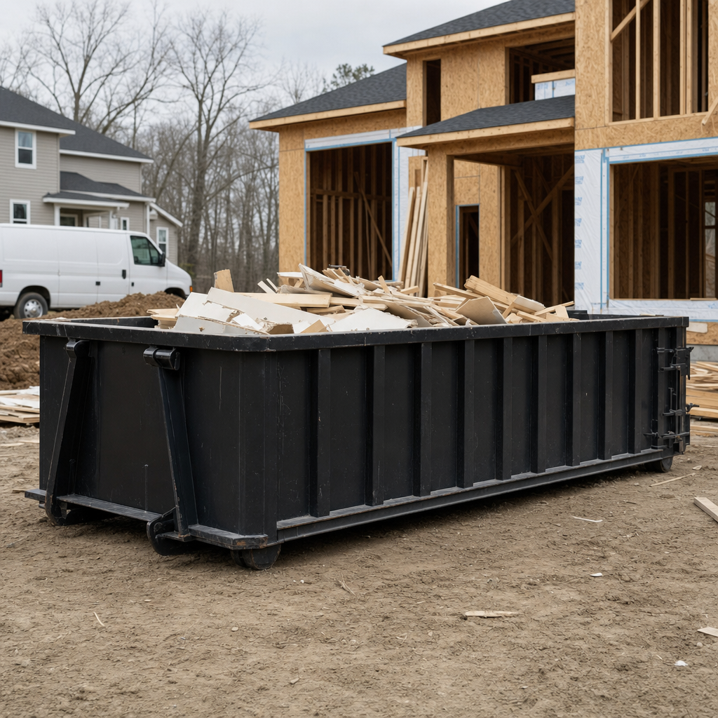 Worker in a yellow high-visibility vest tossing framing lumber and broken drywall into a matte-black 30-yard construction roll-off dumpster on an active build site in Santa Clarita, bright daylight