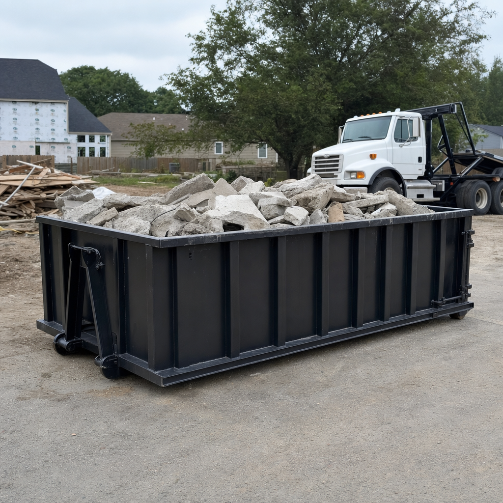 Low-profile matte-black lowboy roll-off dumpster loaded with broken concrete slab and rebar at a foundation tear-out in Santa Clarita, skid steer parked beside it, sunny Colorado morning