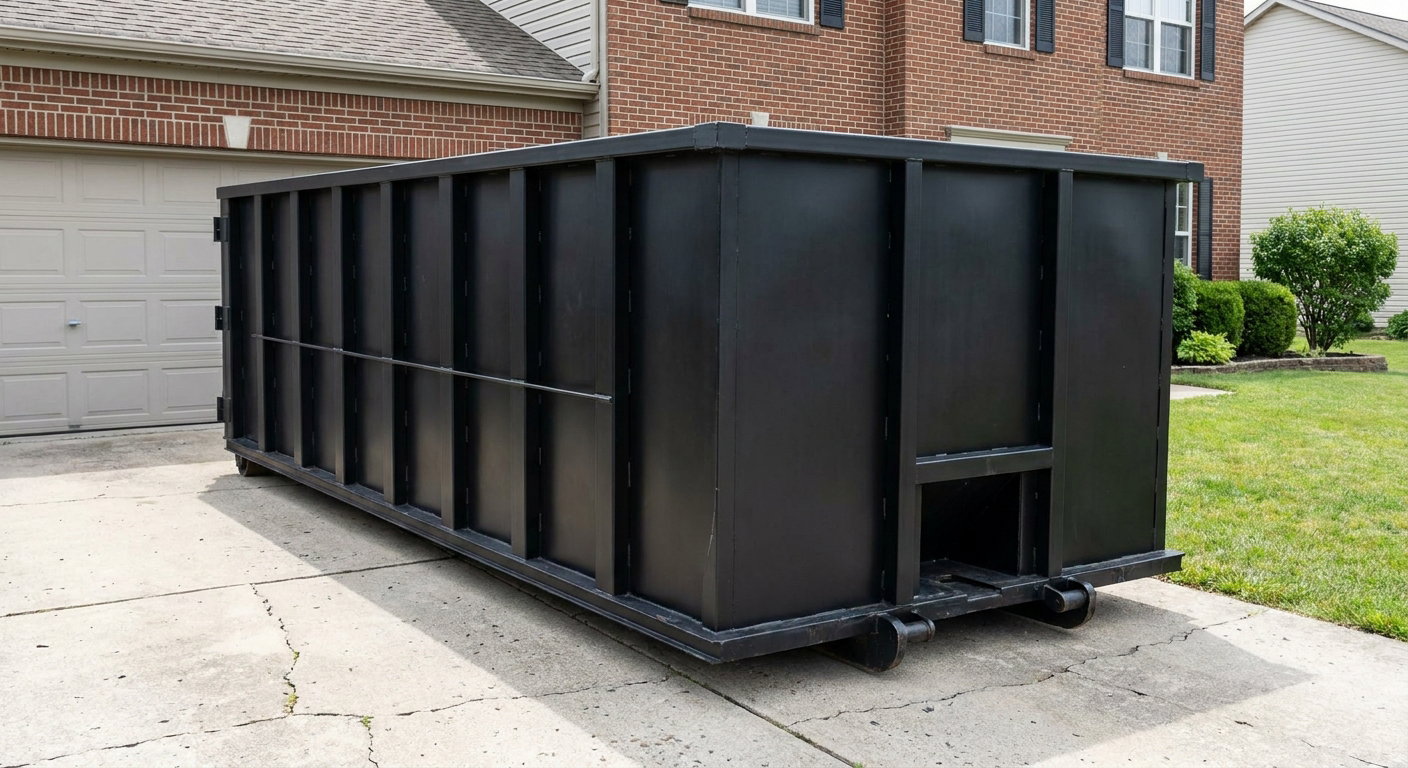Matte-black 20-yard roll-off container on a Santa Clarita residential concrete driveway with reinforced ribbed steel sidewalls and a hinged rear walk-in door, clean bright daylight.