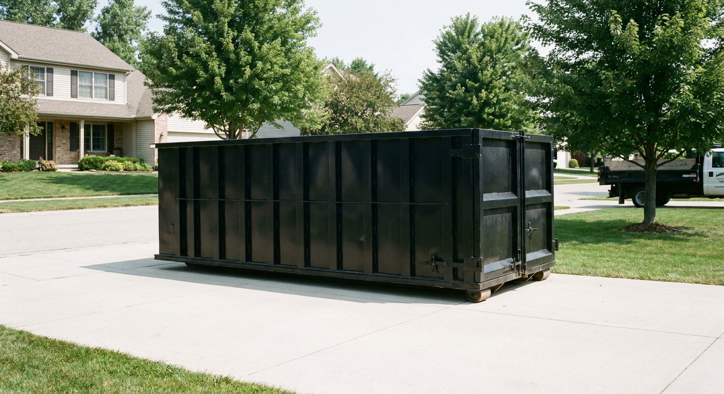 Matte-black 20-yard roll-off dumpster sitting level on a clean Santa Clarita residential concrete driveway under bright daylight, demonstrating clean placement directly on the concrete.