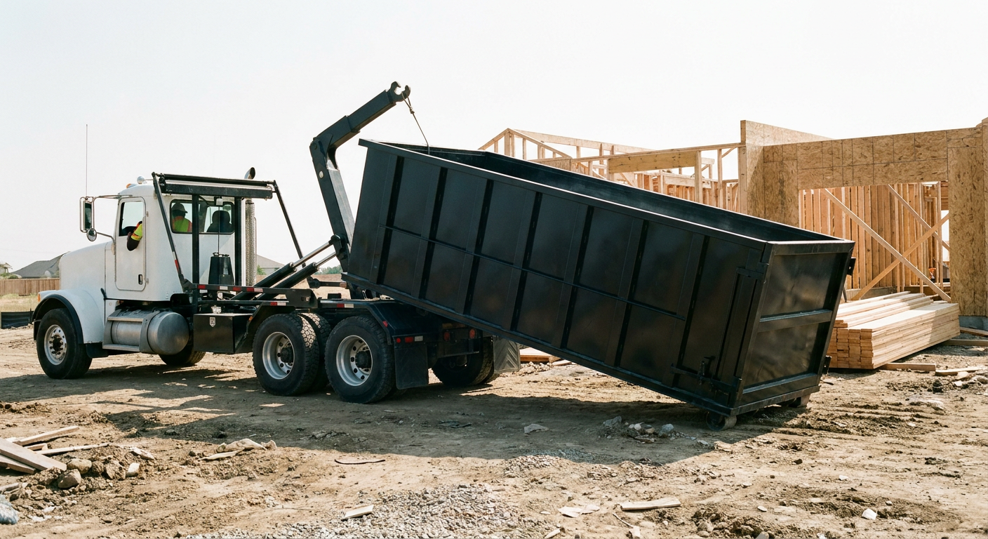 Matte-black roll-off dumpster being delivered onto a clean residential concrete driveway in Santa Clarita by an unmarked white hooklift hauler truck, bright morning daylight, documentary 35mm perspective.