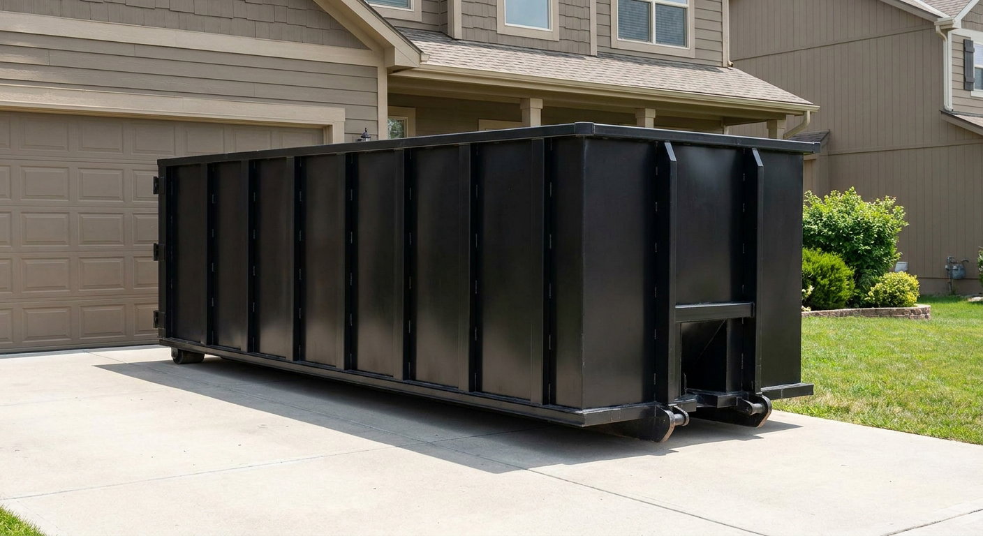 Matte-black residential roll-off dumpster sitting directly on a suburban Santa Clarita concrete driveway, garage door closed, single-family home in background, bright morning daylight.