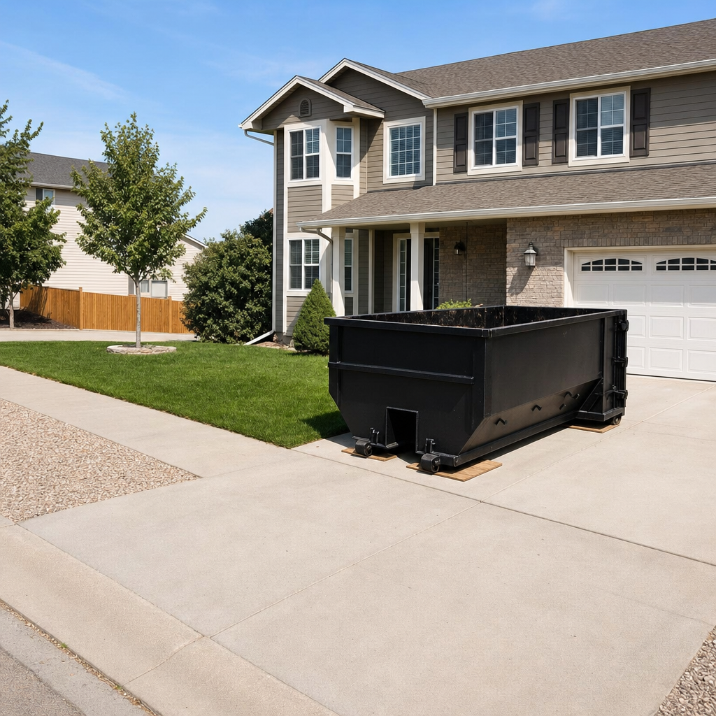 10-yard matte-black residential dumpster placed directly on a narrow Santa Clarita concrete driveway, room remains for a parked sedan beside it, mid-morning natural light