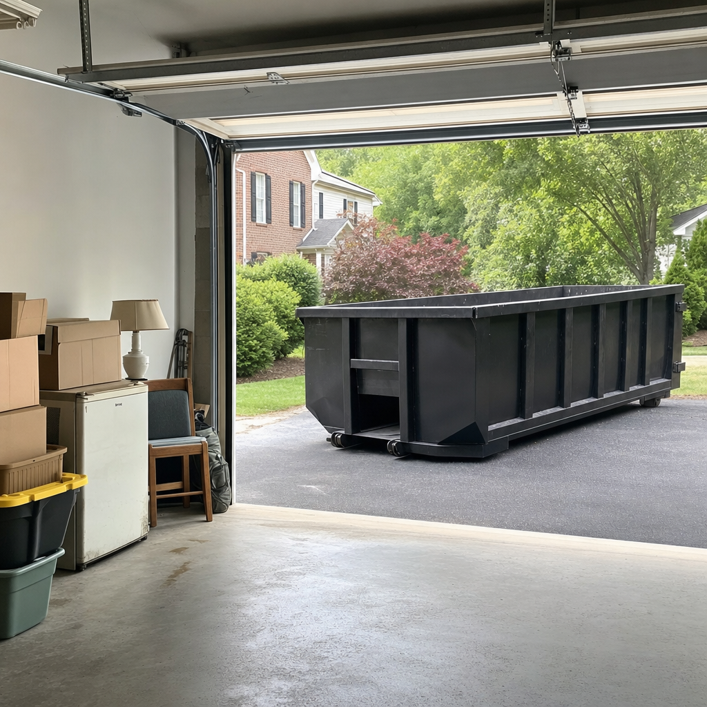 Open garage interior in a Santa Clarita home mid-cleanout — boxed items, an old appliance, and stacked yard tools queued near the driveway for a matte-black roll-off dumpster, organized and calm