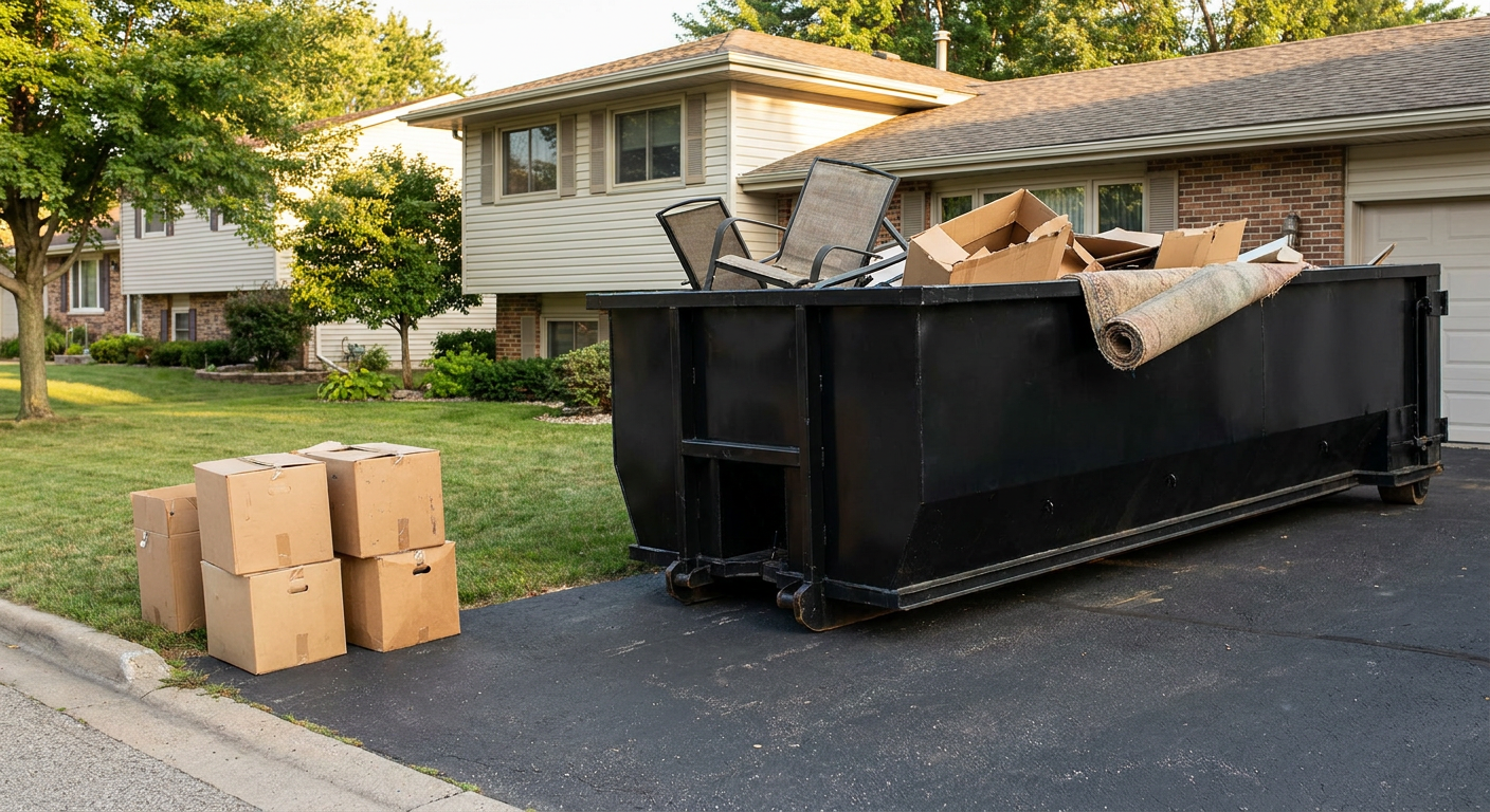 Front-yard view of a Santa Clarita split-level home with a 20-yard matte-black roll-off dumpster sitting directly on the asphalt driveway, a few clearly labeled donation boxes staged at the curb, calm sunny afternoon.