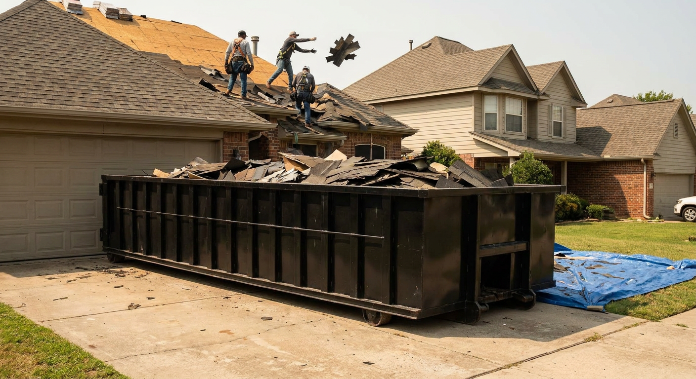 Matte-black roofing roll-off dumpster placed directly on a Santa Clarita residential concrete driveway, a tear-off crew on a two-story asphalt-shingle roof tossing shingle bundles into the low-walled container, bright daylight, documentary 35mm perspective.