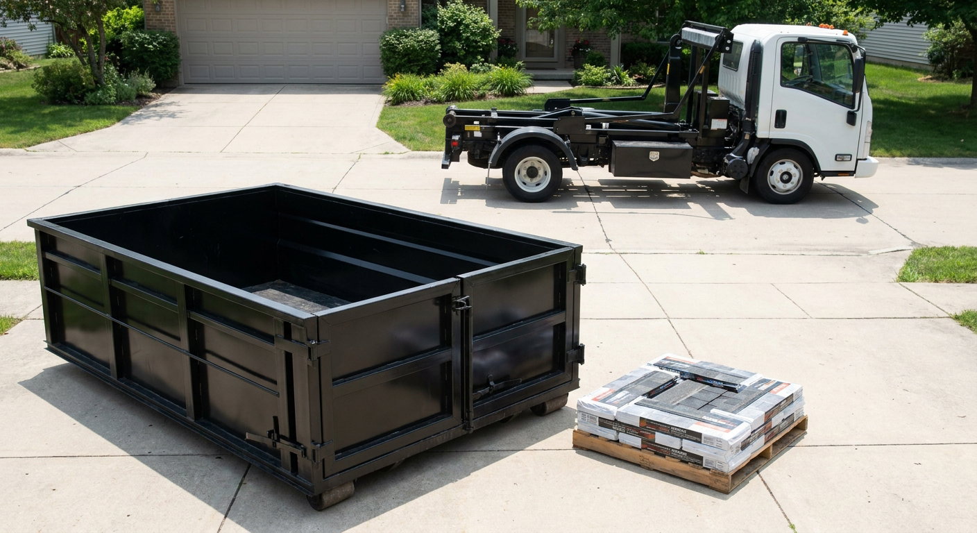 Matte-black 15-yard roofing roll-off dumpster with reinforced low side walls sitting directly on a Santa Clarita residential concrete driveway, three-tab asphalt shingle bundles stacked nearby, an unmarked white hauler truck partially visible at the edge of the frame.