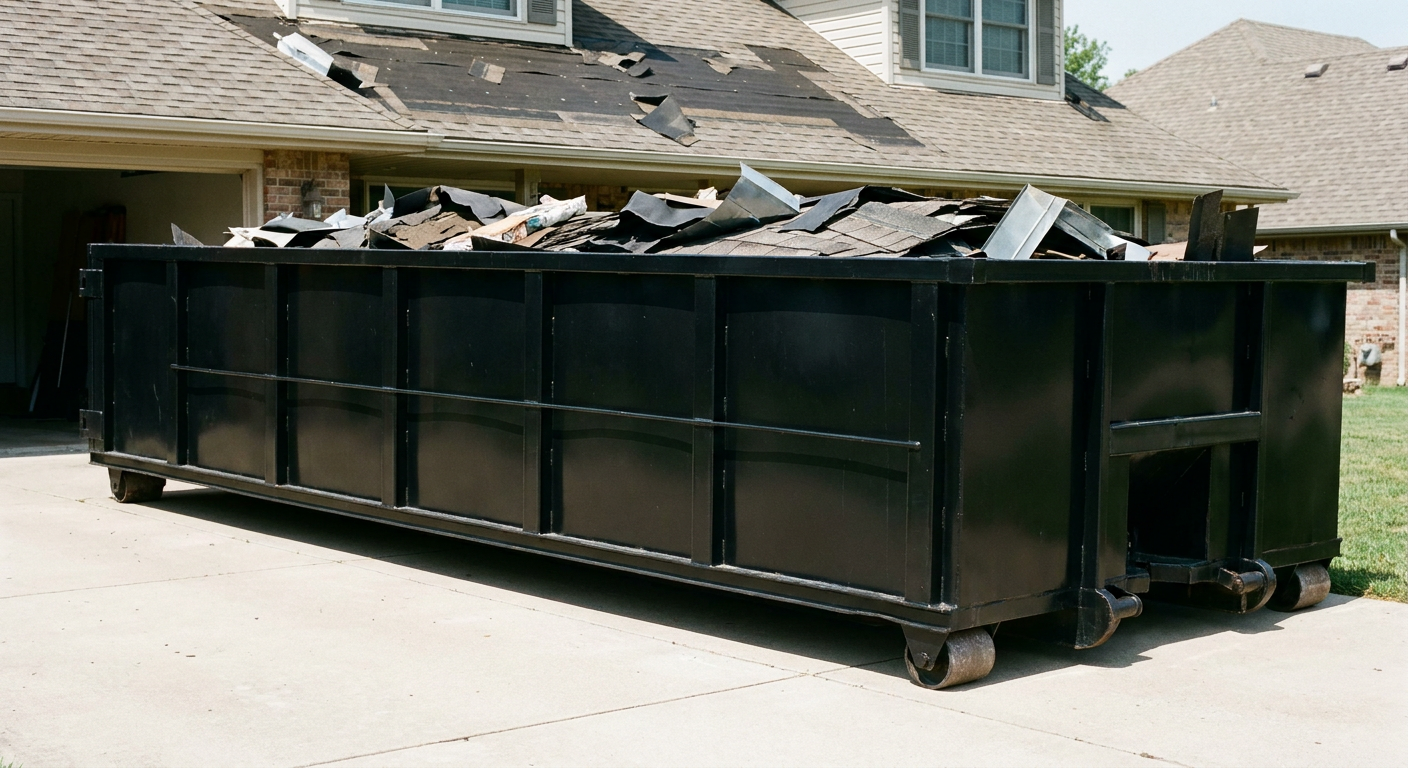 Matte-black 20-yard roofing roll-off dumpster with steel ribbed sides and swinging rear door, sitting directly on the concrete driveway of a two-story Santa Clarita home, asphalt shingle debris being loaded over the low wall, clean documentary lighting.
