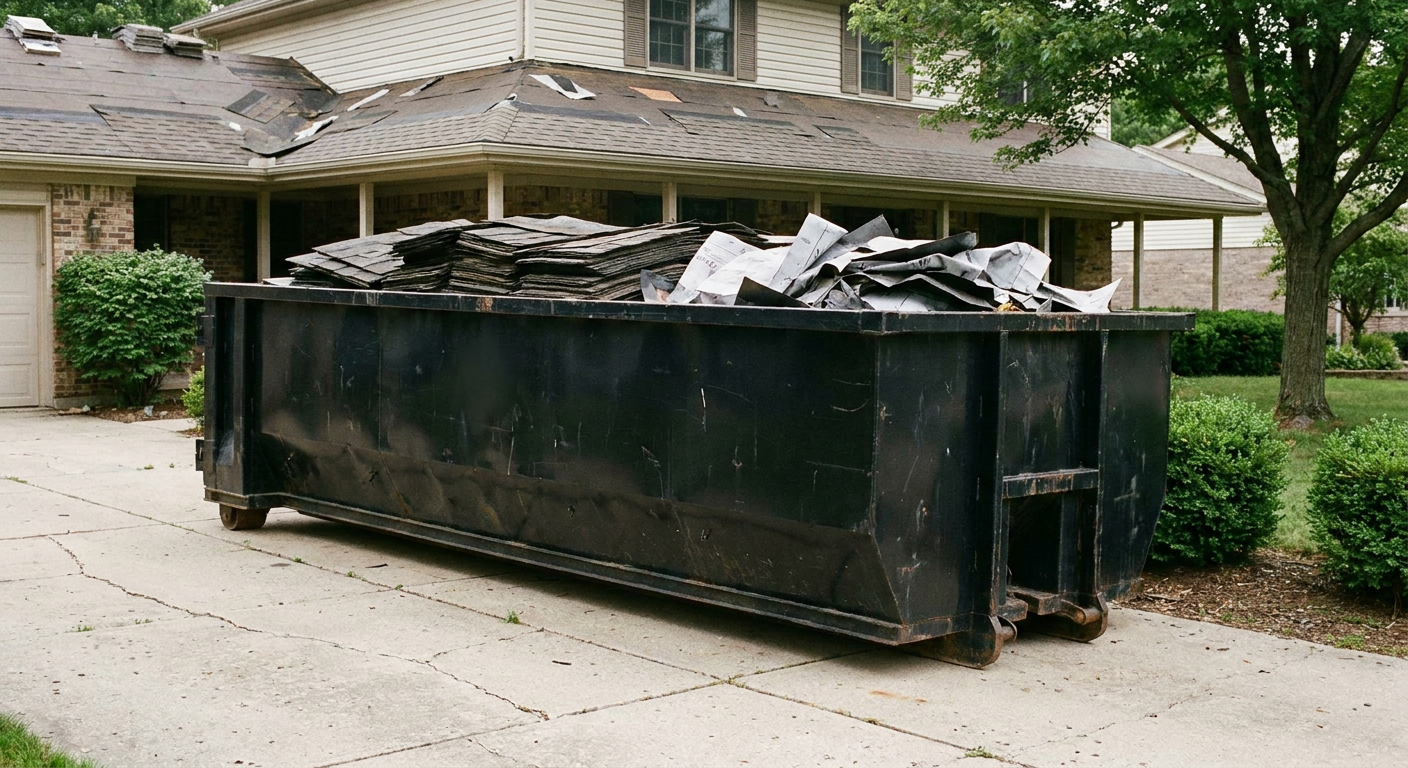 Matte-black 30-yard roofing roll-off dumpster sitting directly on a Santa Clarita concrete driveway, taller ribbed steel side panels, mixed tear-off debris of asphalt shingles and underlayment inside, professional documentary daylight.