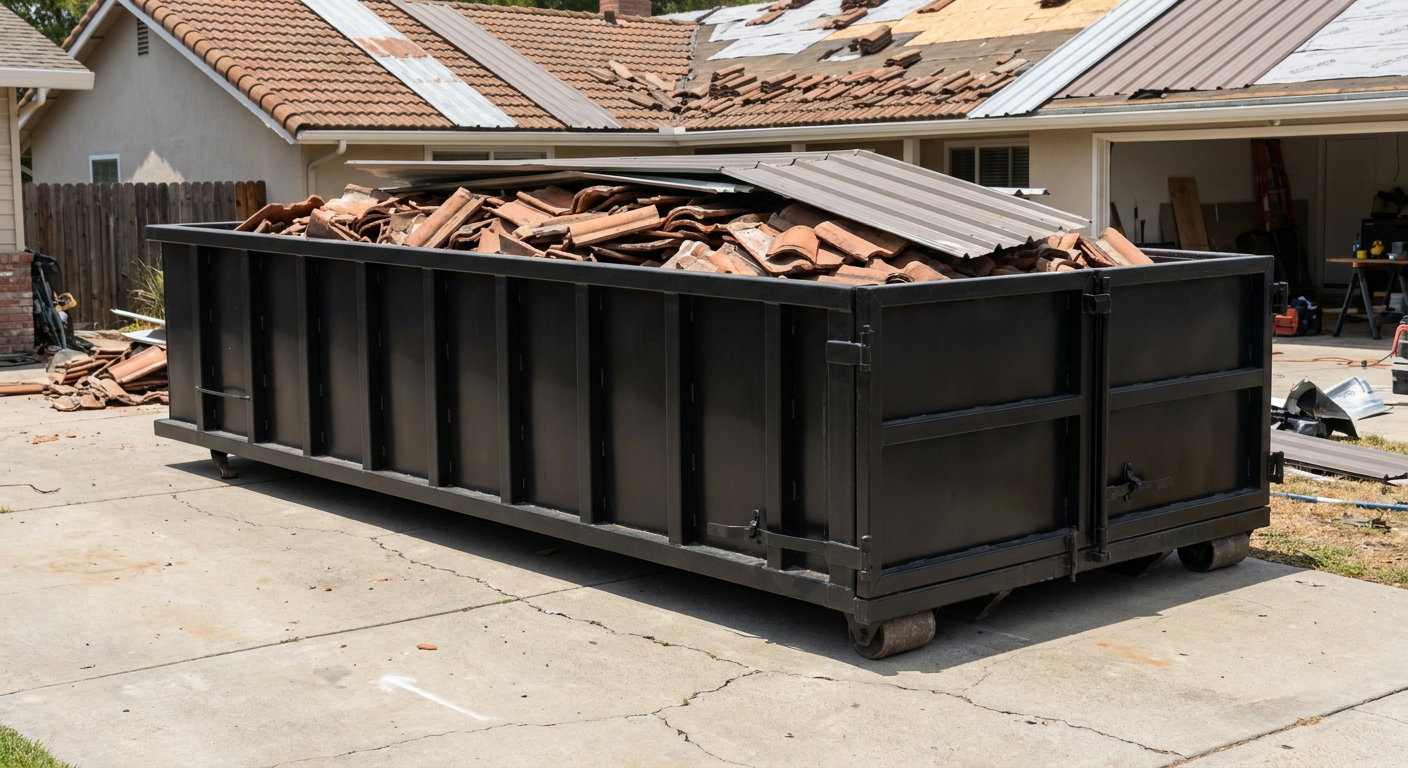 Matte-black low-wall heavy-debris roofing roll-off dumpster sitting directly on a Santa Clarita concrete driveway, broken concrete clay roof tiles and metal panel sections loaded inside, reinforced ribbed steel side walls visible, bright outdoor daylight.