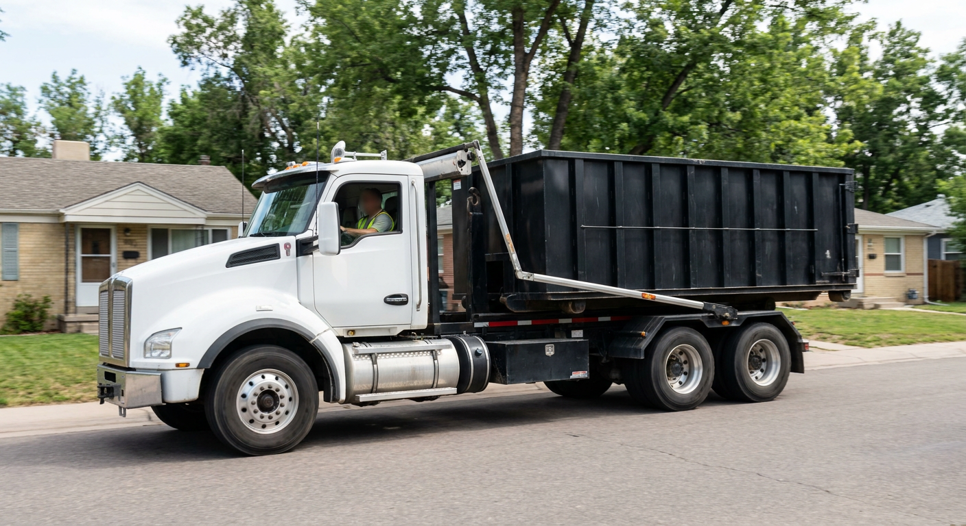 A wide documentary shot of a matte-black roll-off delivery truck pulling onto a quiet Santa Clarita residential street at mid-morning, with neighborhood rooftops and tree-lined blocks visible behind, showing the metro coverage footprint.