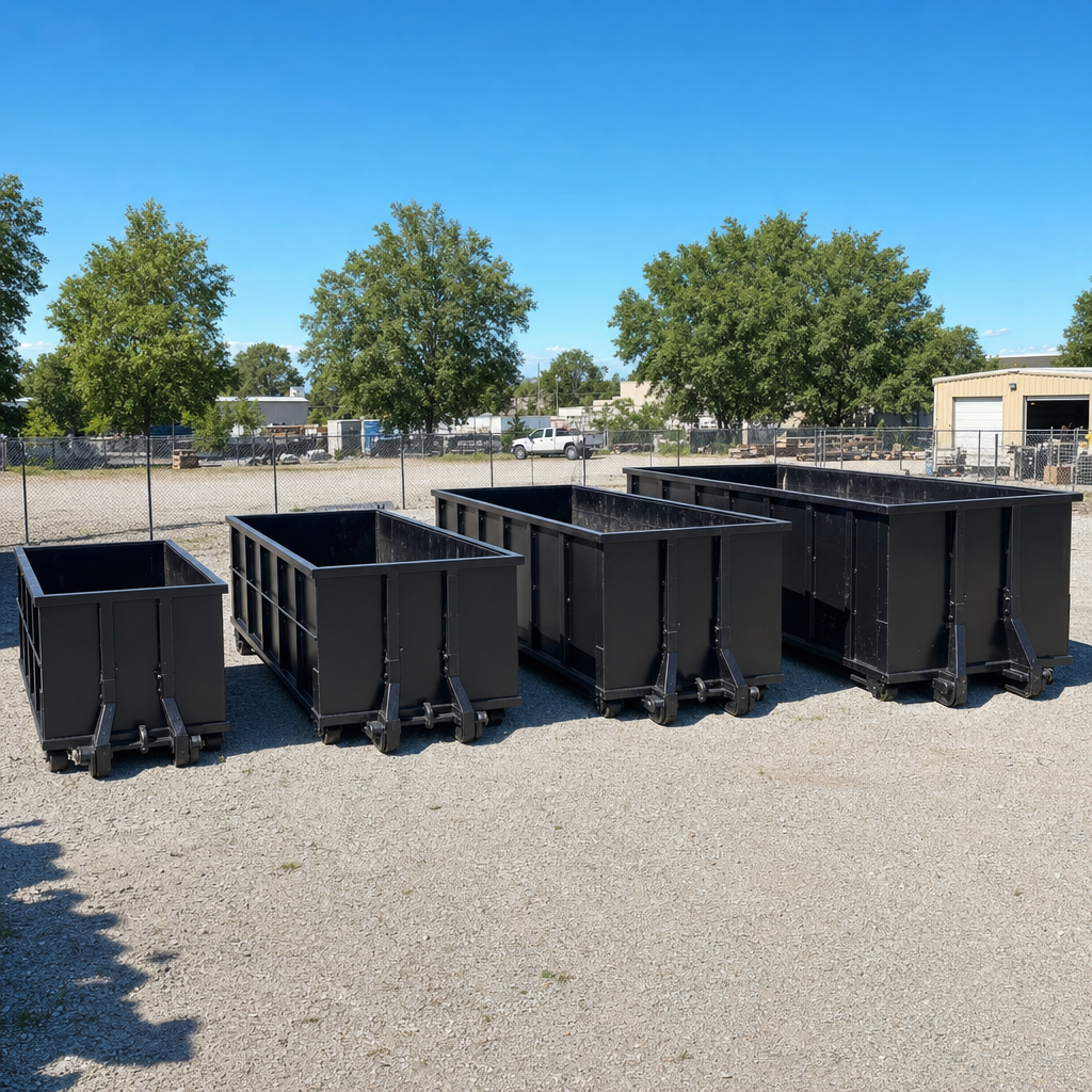 A clean lineup of matte-black roll-off dumpsters in 10, 20, 30, and 40-yard sizes staged on a sunlit gravel yard in Santa Clarita, showing the size progression from compact to commercial-scale containers.