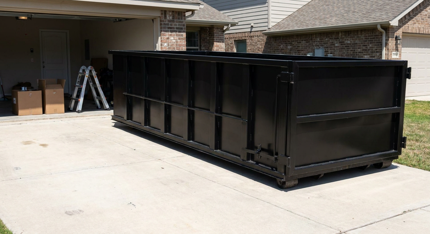 A matte-black 10-yard roll-off dumpster sitting directly on a residential Santa Clarita concrete driveway, mid-day sunlight, clean and ready for a garage cleanout.