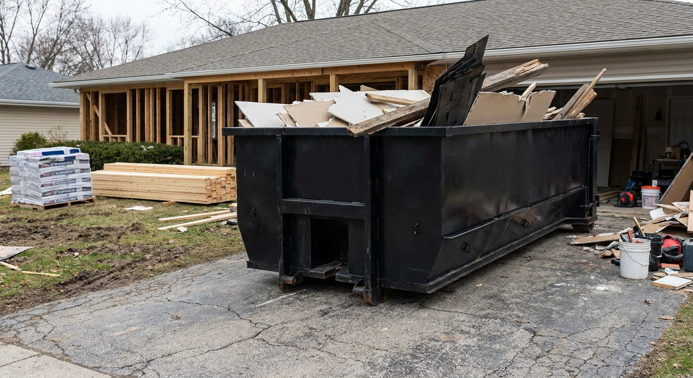 A matte-black 20-yard roll-off dumpster placed alongside a mid-renovation Santa Clarita home directly on the asphalt driveway, with framing materials and torn-off shingles staged neatly nearby.