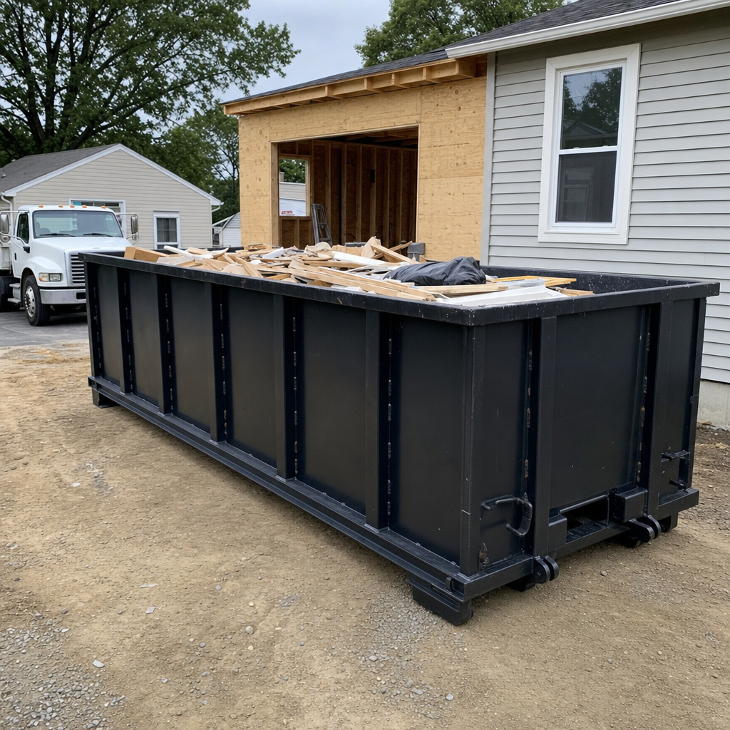 A matte-black 30-yard roll-off dumpster positioned at a Santa Clarita residential addition jobsite, with framing lumber and drywall scraps loaded through the open swinging rear doors.