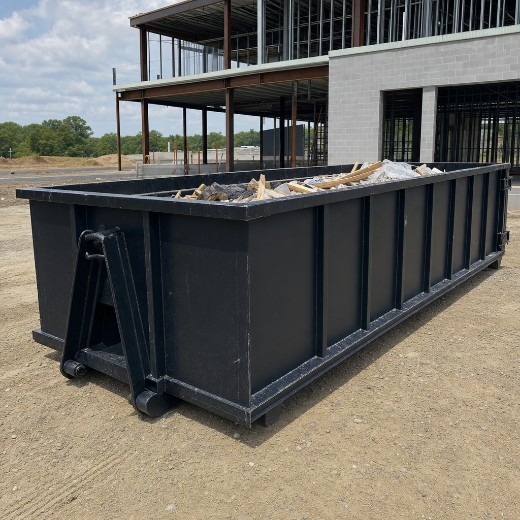 A matte-black 40-yard roll-off dumpster staged on a large Santa Clarita commercial construction lot, with a hooklift delivery truck parked alongside under bright midday sky.