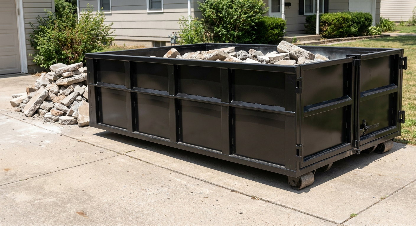 A matte-black low-side heavy-debris roll-off dumpster placed directly on a Santa Clarita concrete driveway, with broken concrete chunks neatly stacked beside it under clean daylight.
